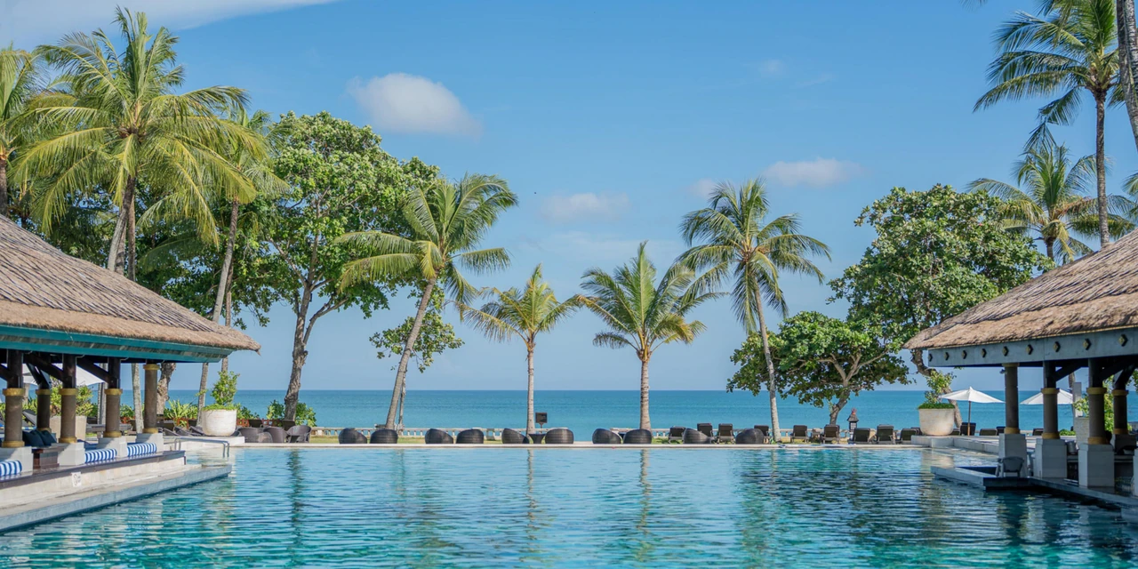 Pool, palm trees and Jimbaran Bay at InterContinental Bali