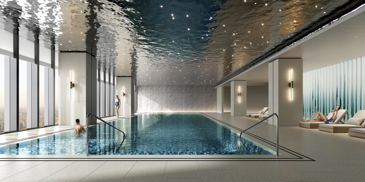 Official visualisation of the Taipei hotel’s indoor pool with window-side seating and a reflective ceiling