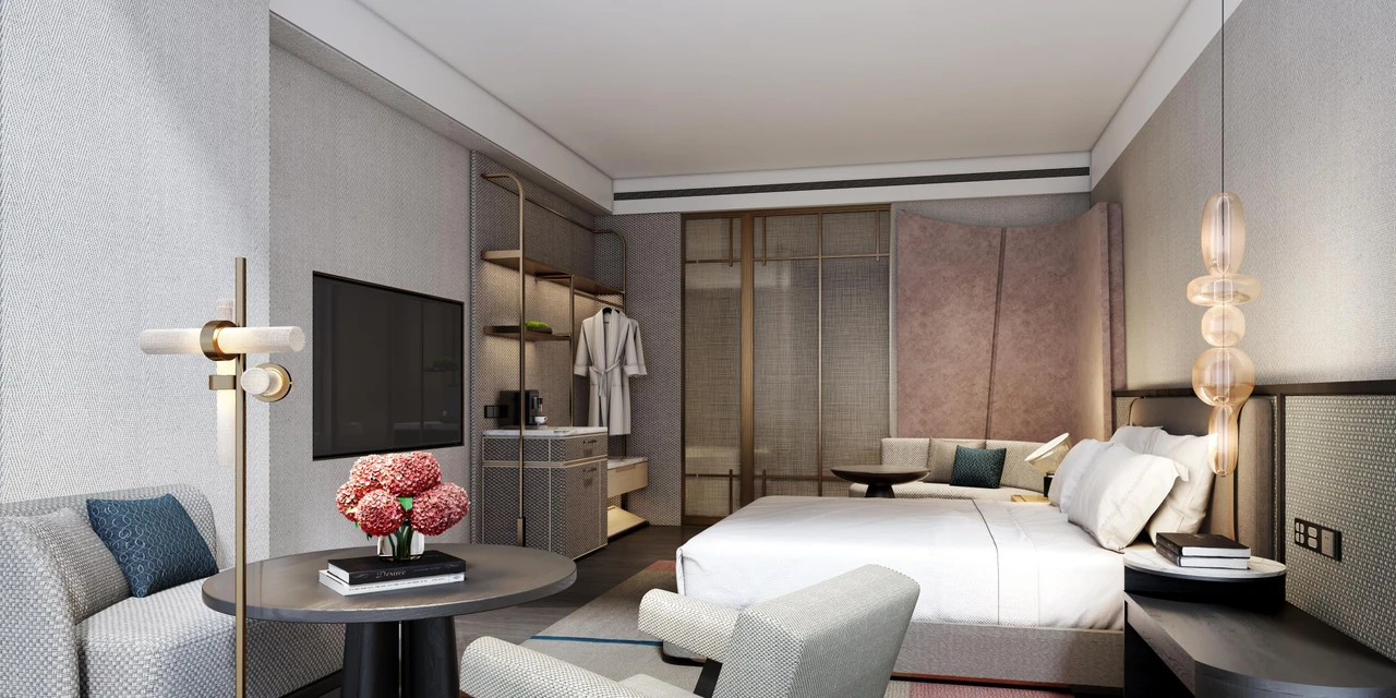 Official visualisation of a Taipei Classic Room with warm timber, bed and seating area